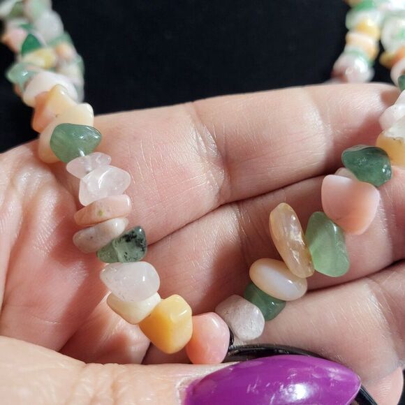 Semi-precious Multi Gemstone Chips Beaded Peace Sign Pendant Necklace - Picture 3 of 8